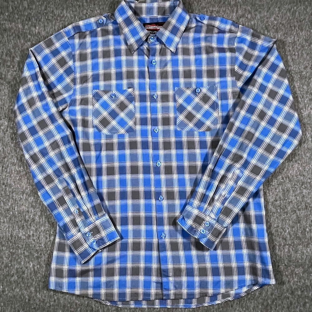 No Retreat Mens Long‎ Sleeve Plaid Button Up Shirt Blue Gray Size L